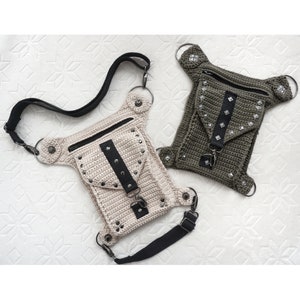 May include: Two crocheted bags with adjustable straps and studded details. One bag is beige and the other is olive green.