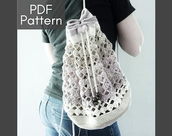 Diamante Cinch Bag crochet PATTERN pdf - instant digitable download - mesh backpack - market bag