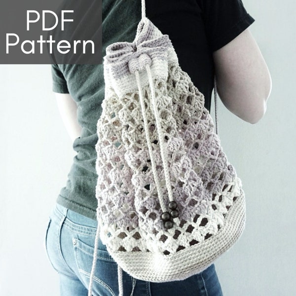 Diamante Cinch Bag crochet PATTERN pdf - instant digitable download - mesh backpack - market bag