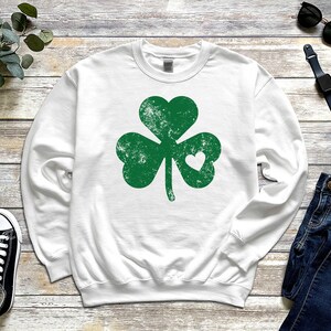 Four Leaf Shamrock Retro Faded Sweatshirt, Lucky Clover Sweatshirt, St. Patrick&#39;s Day Sweatshirt, Four Leaf Clover Sweater