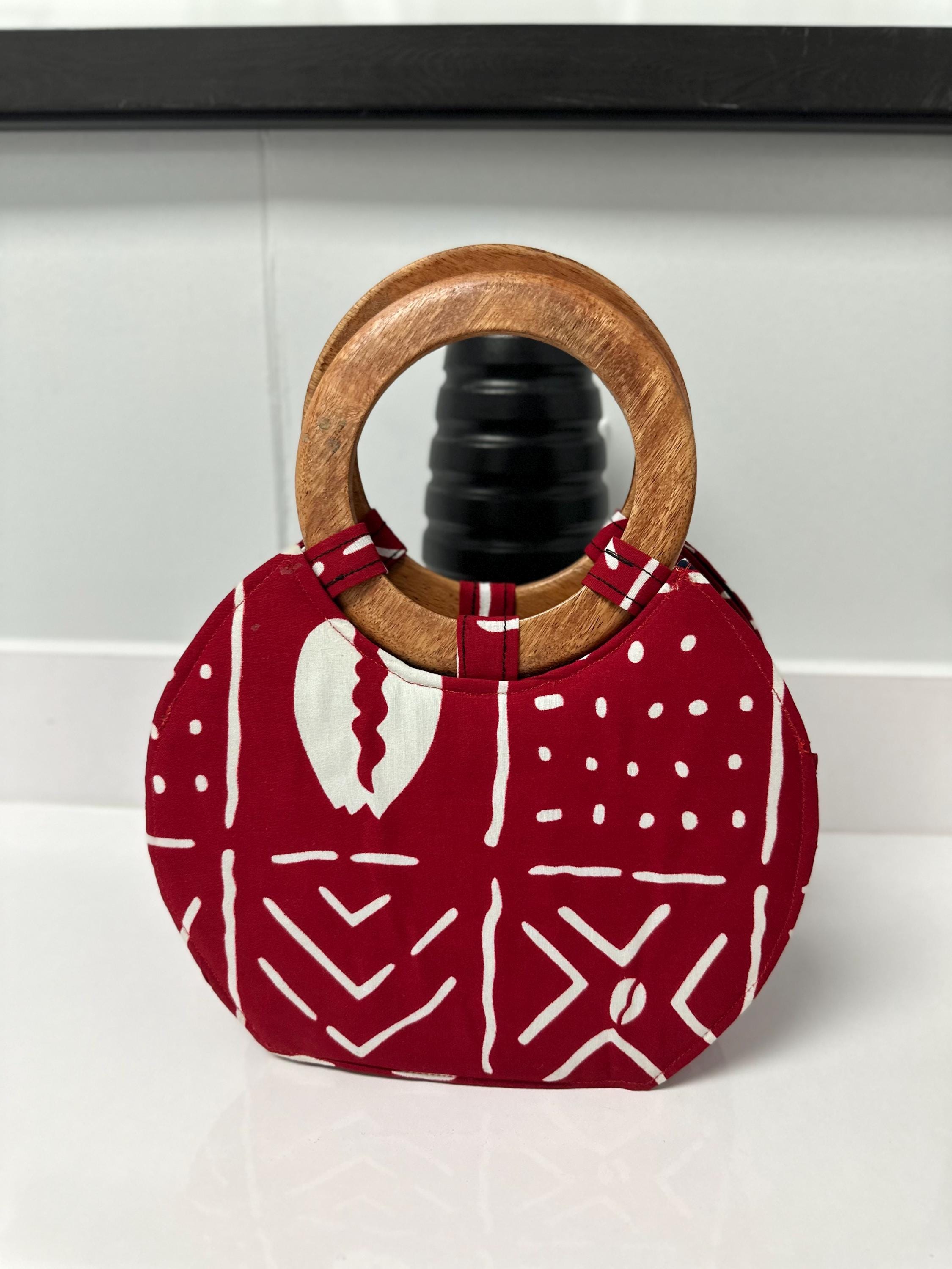 African print wooden handle handbag