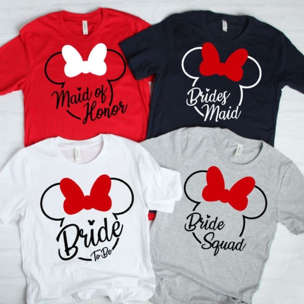 Disney bride, bride squad, maid of honor, bridesmaid tshirts, mickey, minnie, heat transfer, matching tshirts, disneyland, disney world, htv