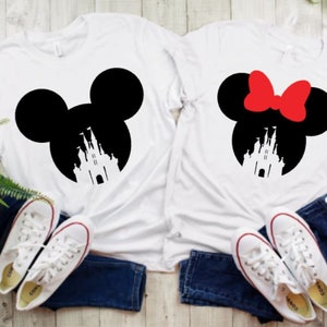 Disney Mickey and Minnie with castle personalized, Disney vacation, disneyland, disney world, matching shirts. htv, iron on