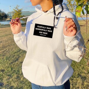 Fearfully, Wonderfully, God Made Hoodie. Christian Hoodie, Faith Based Hoodie. Outerwear. Military Green, Vintage White Plush Hoodie
