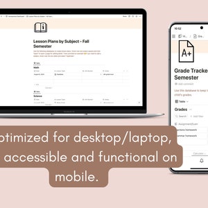 Puede incluir: Una captura de pantalla que muestra una pantalla de computadora y una pantalla de tel&eacute;fono m&oacute;vil. La pantalla de la computadora muestra una hoja de c&aacute;lculo titulada "Lesson Plans by Subject - Fall Semester". La pantalla del tel&eacute;fono m&oacute;vil muestra una hoja de c&aacute;lculo titulada "Grade Tracker - Fall Semester". El texto "Optimizado para escritorio/port&aacute;til, pero accesible y funcional en dispositivos m&oacute;viles." se muestra debajo de las im&aacute;genes.