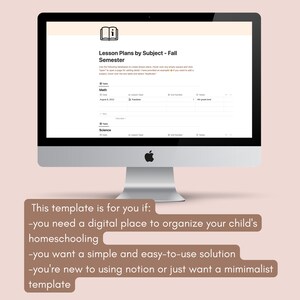 Puede incluir: Una pantalla de computadora que muestra una plantilla de Notion para planes de lecciones por materia. La plantilla se titula "Planes de lecciones por materia - Oto&ntilde;o Semestre". El texto debajo de la pantalla dice "Esta plantilla es para ti si: -necesitas un lugar digital para organizar la educaci&oacute;n en casa de tu hijo -quieres una soluci&oacute;n simple y f&aacute;cil de usar -eres nuevo en Notion o simplemente quieres una plantilla minimalista"