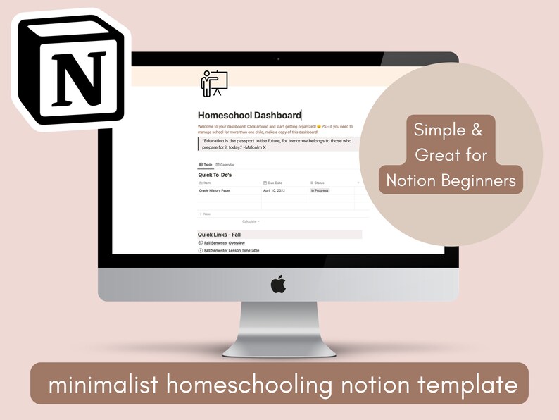 Puede incluir: Una pantalla de computadora que muestra una plantilla de tablero de control de Homeschool Notion. La plantilla incluye secciones para "Quick To-Dos" y "Quick Links - Fall". El texto "Simple & Great for Notion Beginners" se muestra en el lado derecho de la pantalla.