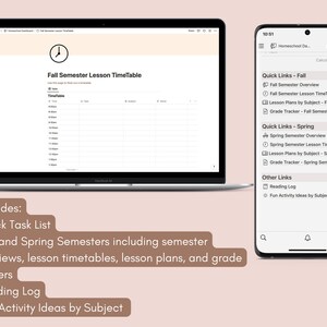 Puede incluir: Una pantalla de computadora port&aacute;til que muestra un horario de clases del semestre de oto&ntilde;o con un icono de reloj. Una pantalla de tel&eacute;fono inteligente muestra una lista de enlaces r&aacute;pidos para los semestres de oto&ntilde;o y primavera, incluidos planes de lecciones, rastreadores de calificaciones y otros enlaces como un registro de lectura e ideas de actividades divertidas por materia.