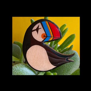 Hand painted wooden Puffin brooch