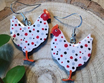 Hand painted wooden Speckled hen earrings