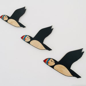 Hand painted wooden Flying Puffins - wall decor