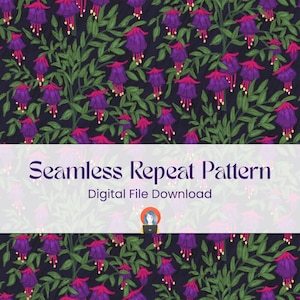 Puede incluir: Patrón repetitivo sin costuras con flores de fucsia moradas y rosas con hojas verdes sobre un fondo oscuro. Se muestra el texto "Seamless Repeat Pattern" y "Digital File Download".