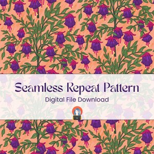 May include: Seamless repeat pattern featuring purple bell-shaped flowers with red accents and green leaves on a peach background. The text "Seamless Repeat Pattern" and "Digital File Download" are displayed in a white banner.