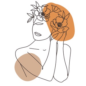 May include: Line art illustration of a person with flowers in their hair. The background is a muted orange and brown.