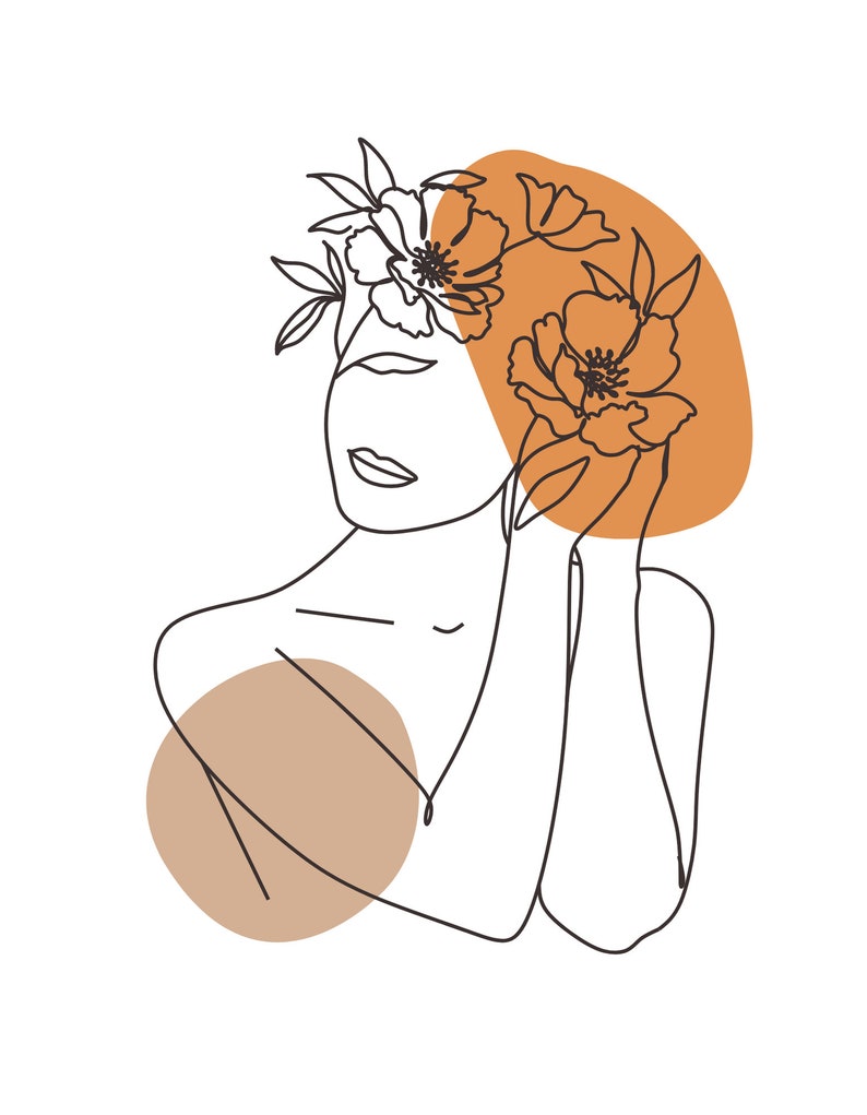 May include: Line art illustration of a person with flowers in their hair. The background is a muted orange and brown.