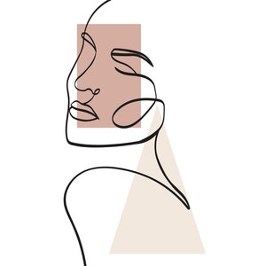 May include: A line drawing of a face with a brown rectangle behind it. The face is looking to the right. Below the face is a triangle with a light brown fill.