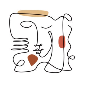 May include: Abstract line art drawing of a face with closed eyes and a mouth, with brown and red abstract shapes.