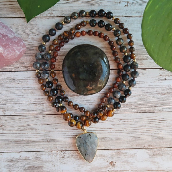 Energy Protection, Reiki Charged 108 Beaded Unisex Mala Necklace, Japa Mala, Shungite, Tourmaline, Obsidian, Tiger Eye, Labradorite, Pyrite