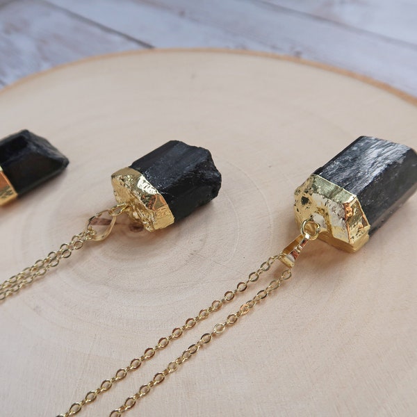 Reiki Charged, Raw Black Tourmaline Necklace, Gold Electroplated Protection Necklace, Gifts For Him, Gifts for Her, Empath Protection