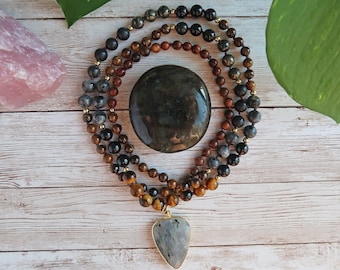 Energy Protection, Reiki Charged 108 Beaded Unisex Mala Necklace, Japa Mala, Shungite, Tourmaline, Obsidian, Tiger Eye, Labradorite, Pyrite