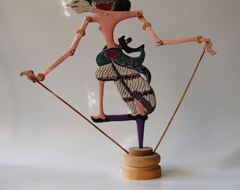 Indonesian Wooden Shadow Puppet with Carved Wood Base