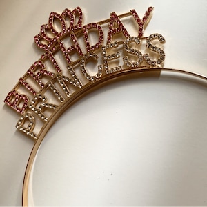 Diadema dorada de princesa de cumpleaños, diadema brillante de feliz cumpleaños, tiara de princesa, diadema de niña de cumpleaños con diamantes de imitación, tiara de cumpleaños