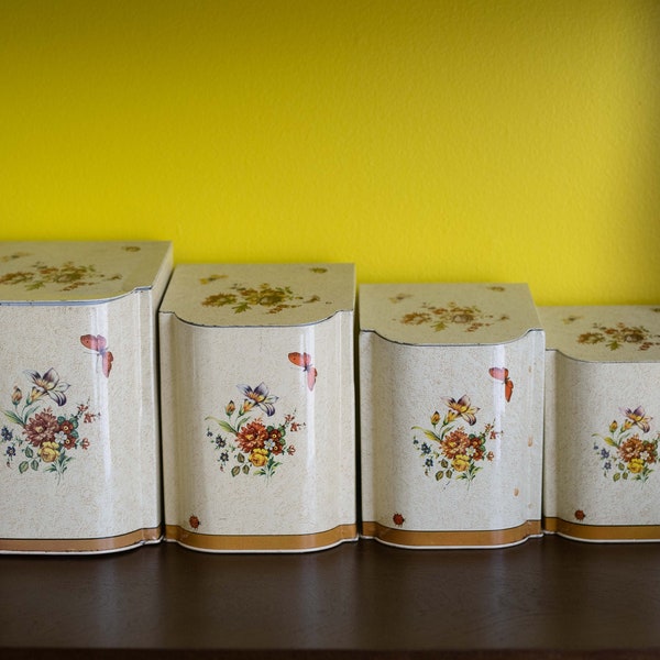 Vintage tin kitchen canisters, retro floral, flour, sugar (and more) tins, four antique English containers