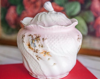 Vintage cracker jar, shabby chic antique painted porcelain biscuit or cookie jar, lots of fluff and meringue