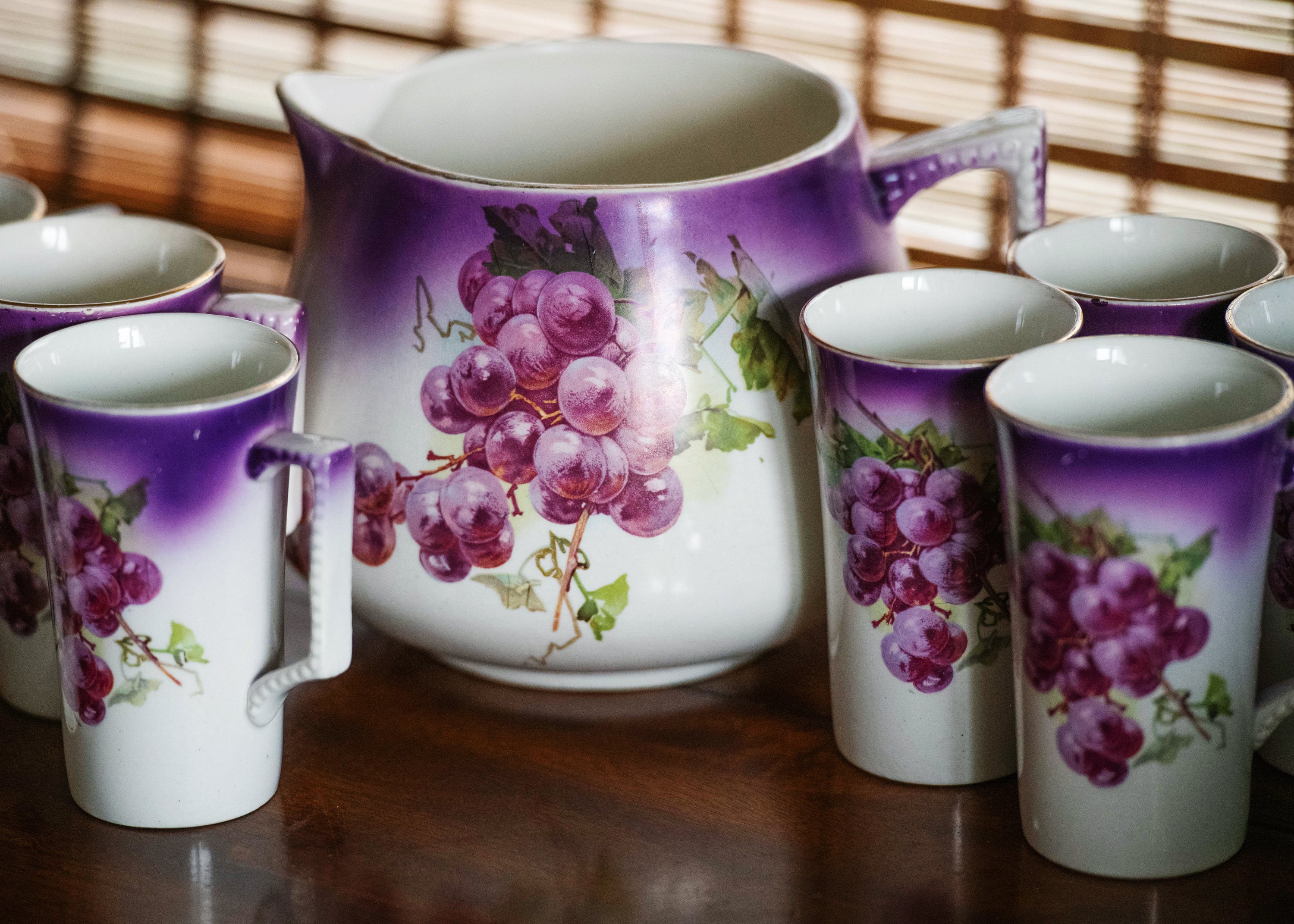 Vintage Cider Set; Dresden Painted Porcelain Pitcher and 8
