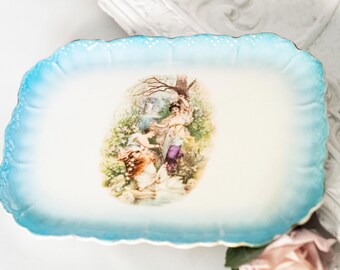 Antique Porcelain Vanity Tray showing charming pastoral scene with women in period dress, and swans; Royal Bavarian
