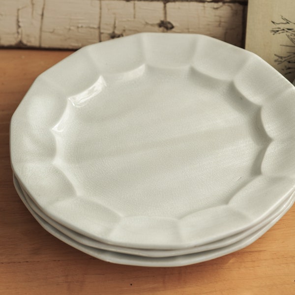 Very early antique ironstone dinner plates, 1845 John Edwards pottery, in "True Scallop" pattern; Dale Hall, England