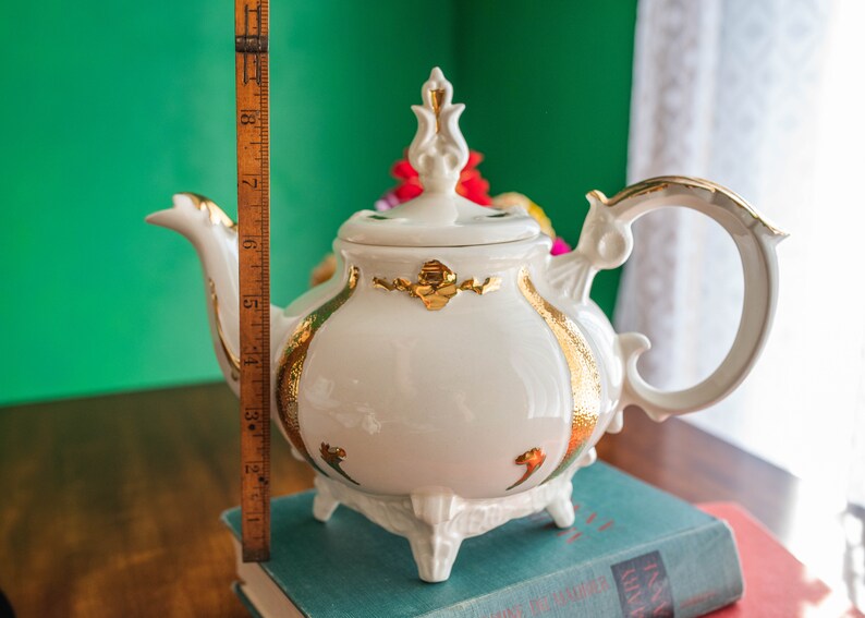 Luxurious LOMA tea set butter dish and salt pepper teapot creamer sugar signed mid-century white with gold motif