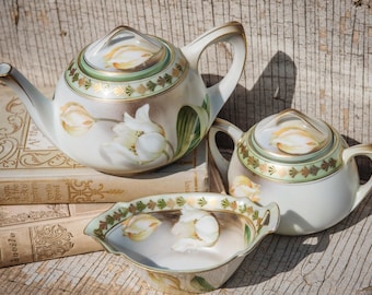 Antique RS Germany tea set; lovely tea pot, sugar and interestingly shaped creamer; Art Nouveau
