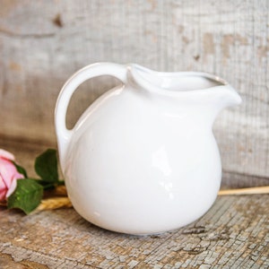 Tilted ice lip ball pitcher, antique ironstone, lovely, snowy white; perfect farm house style