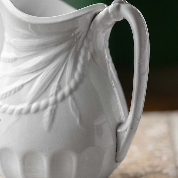 English white ironstone pitcher, The Lorne - Roped Wheat shape / pattern by Thomas Furnival; Victorian era farmhouse antique, 1870s