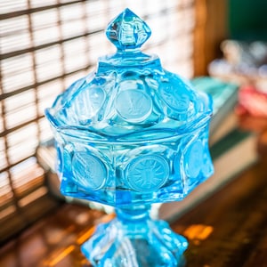 Fostoria Coin Glass blue wedding bowl & lid, 1960s collectible; eagle and torch