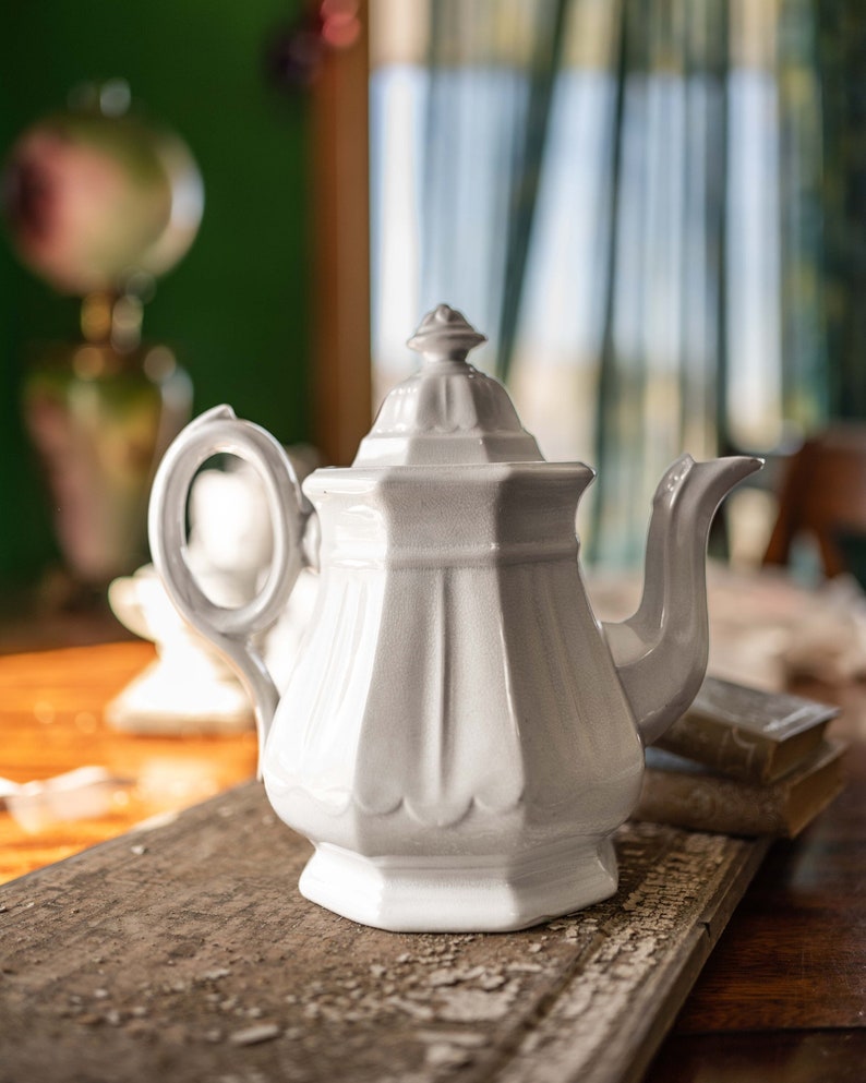 Substantial Scalloped Decagon white ironstone teapot by J Wedgwood, c. 1853, Victorian era farmhouse favorite image 1