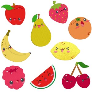May include: A selection of embroidered fruit patches, featuring a red apple, strawberry, pear, orange, banana, lemon, raspberry, watermelon slice, and cherries. Each fruit has a smiling face and is designed with bright colours and playful details.