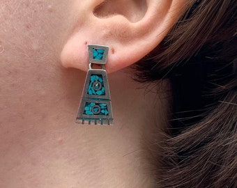 Boucles d'oreilles vintage en argent sterling turquoise | Style tribal zuni