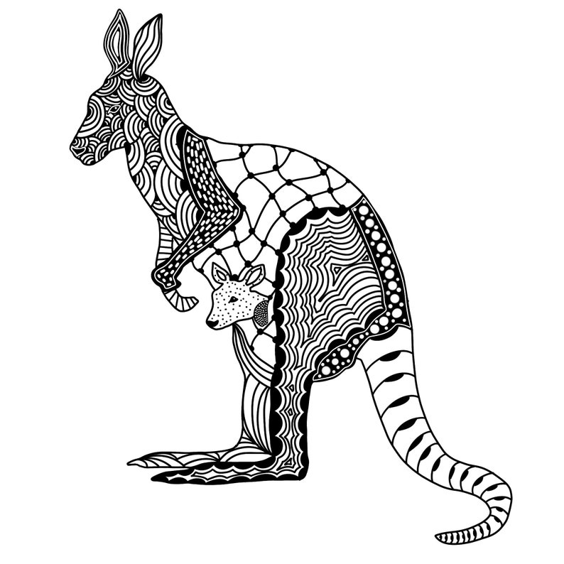 May include: A black and white line drawing of a kangaroo with a joey in its pouch. The kangaroo and joey are both decorated with intricate patterns.