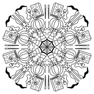 May include: Black and white mandala design featuring a central spiderweb with radiating lines and repeating patterns of books, candles, and lanterns.