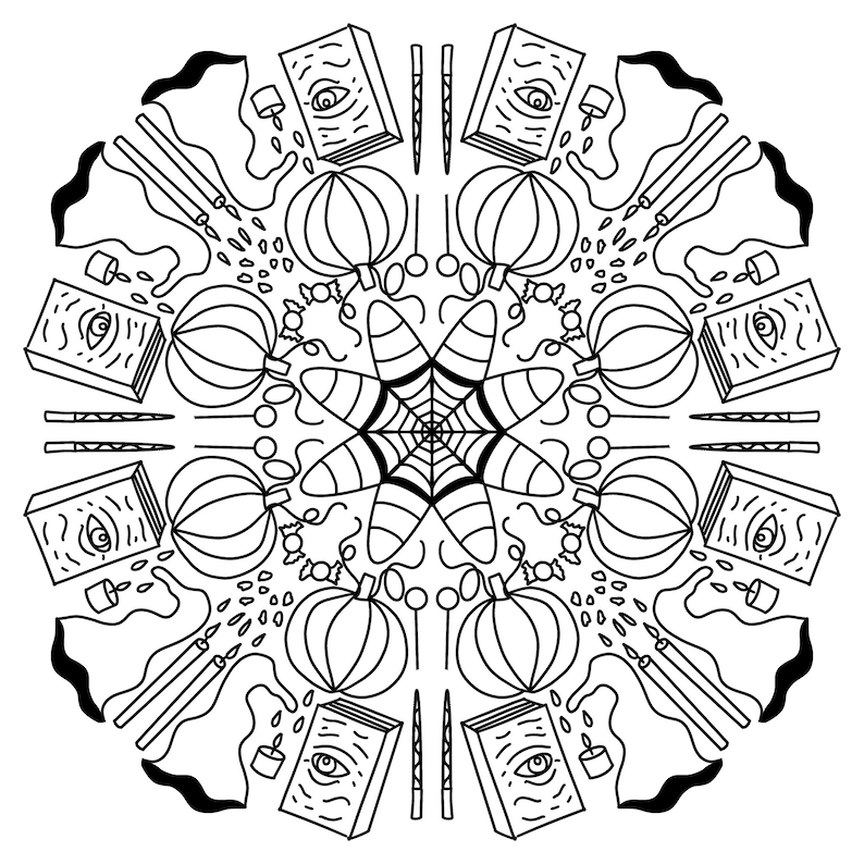 May include: Black and white mandala design featuring a central spiderweb with radiating lines and repeating patterns of books, candles, and lanterns.