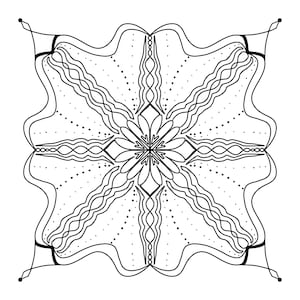 May include: Black and white intricate mandala design with a flower in the center. The design features wavy lines, dots, and a geometric pattern.
