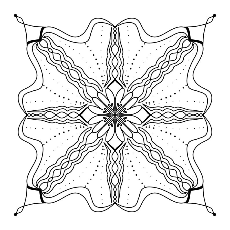 May include: Black and white intricate mandala design with a flower in the center. The design features wavy lines, dots, and a geometric pattern.