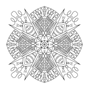 May include: A black and white intricate mandala design with a geometric pattern. The design features a central flower with eight radiating points.
