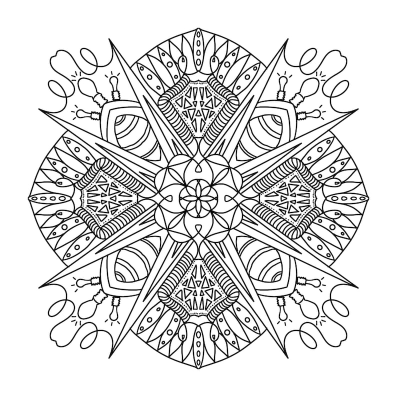 May include: A black and white intricate mandala design with a geometric pattern. The design features a central flower with eight radiating points.
