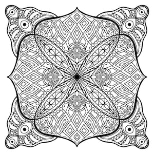 May include: Black and white intricate mandala design with a geometric pattern. The design features a central flower with four petals and a repeating pattern of squares and circles.