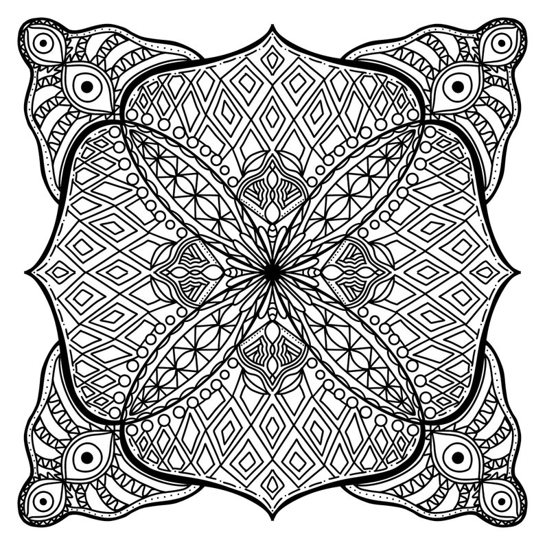 May include: Black and white intricate mandala design with a geometric pattern. The design features a central flower with four petals and a repeating pattern of squares and circles.