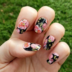 Midnight Garden 100% Real Nail Polish Wraps Floral Spring Pink & Black