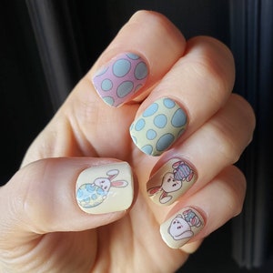 Easter Bunny Pink Blue Purple Yellow Palette Real Nail Wraps Spring Easter, Easter Eggs, Nail Stickers, Nail Strips, Nail Polish, Nail decal